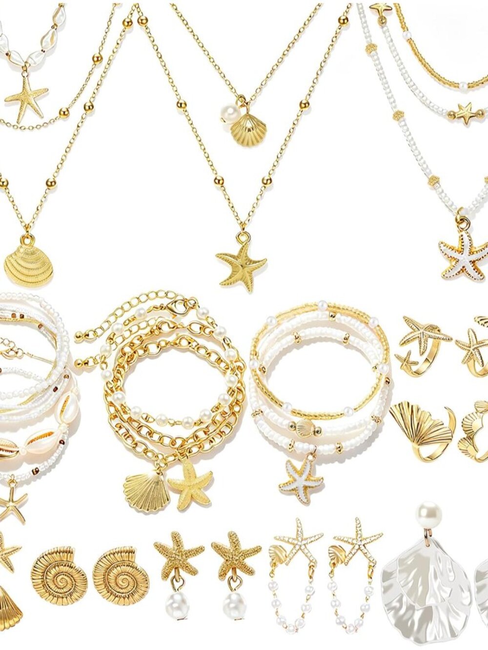 Stackable Gold Jewelry Set - Bohemian 49pc Ocean-Inspired Accessories for Women